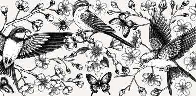 Hand drawn floral illustration for print. T-shirt design. Cherry blossom and flying bird sketch illustration. Vintage spring background. NOT AI generated